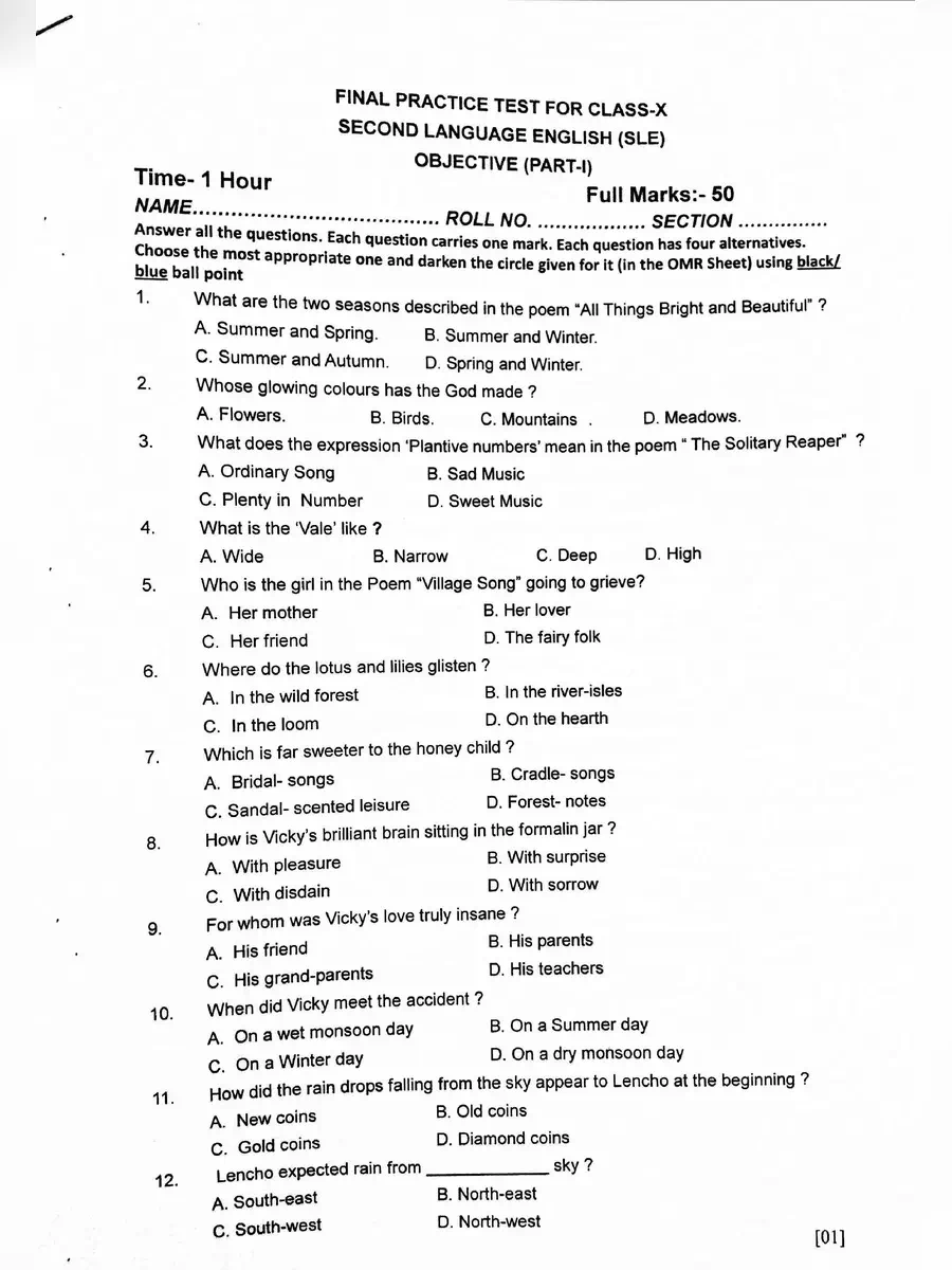 2nd Page of Final Practice Test for Class X English (SLE) PDF