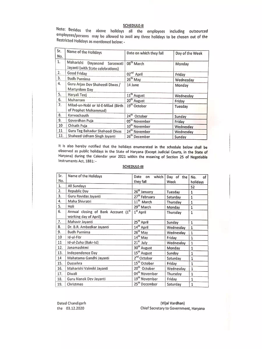 2nd Page of Haryana Government Holidays List 2021 PDF