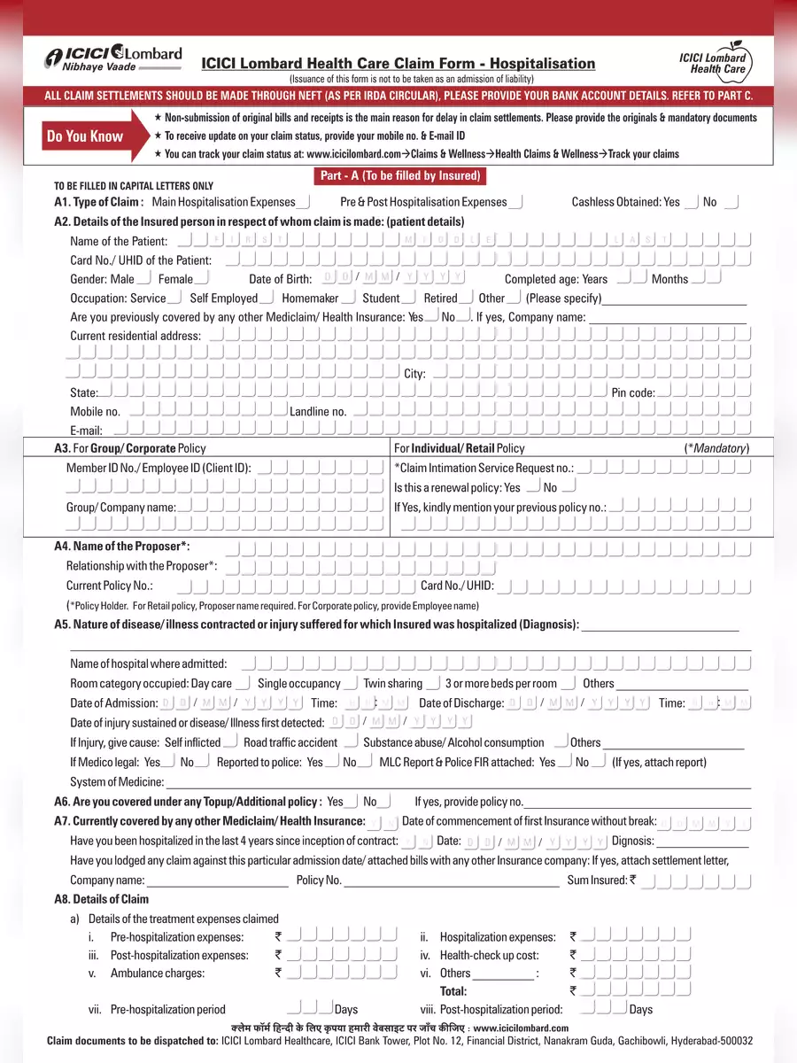 2nd Page of ICICI Lombard Health Care Claim Form – Hospitalization PDF