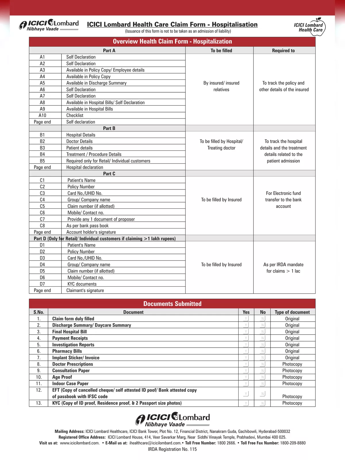 ICICI Lombard Health Care Claim Form Hospitalization PDF InstaPDF