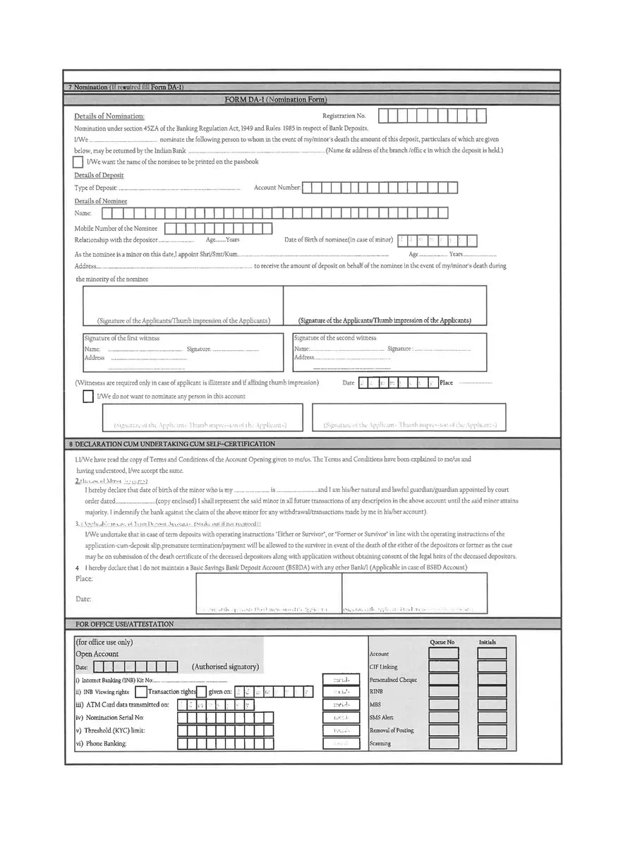 2nd Page of Indian Bank Account Opening Form PDF