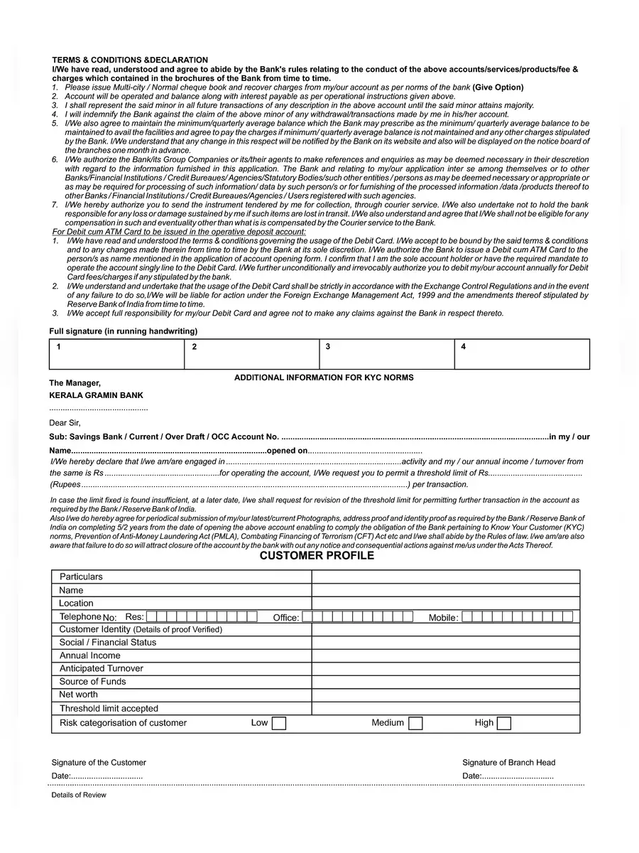 2nd Page of Kerala Gramin Bank Account Opening Form PDF