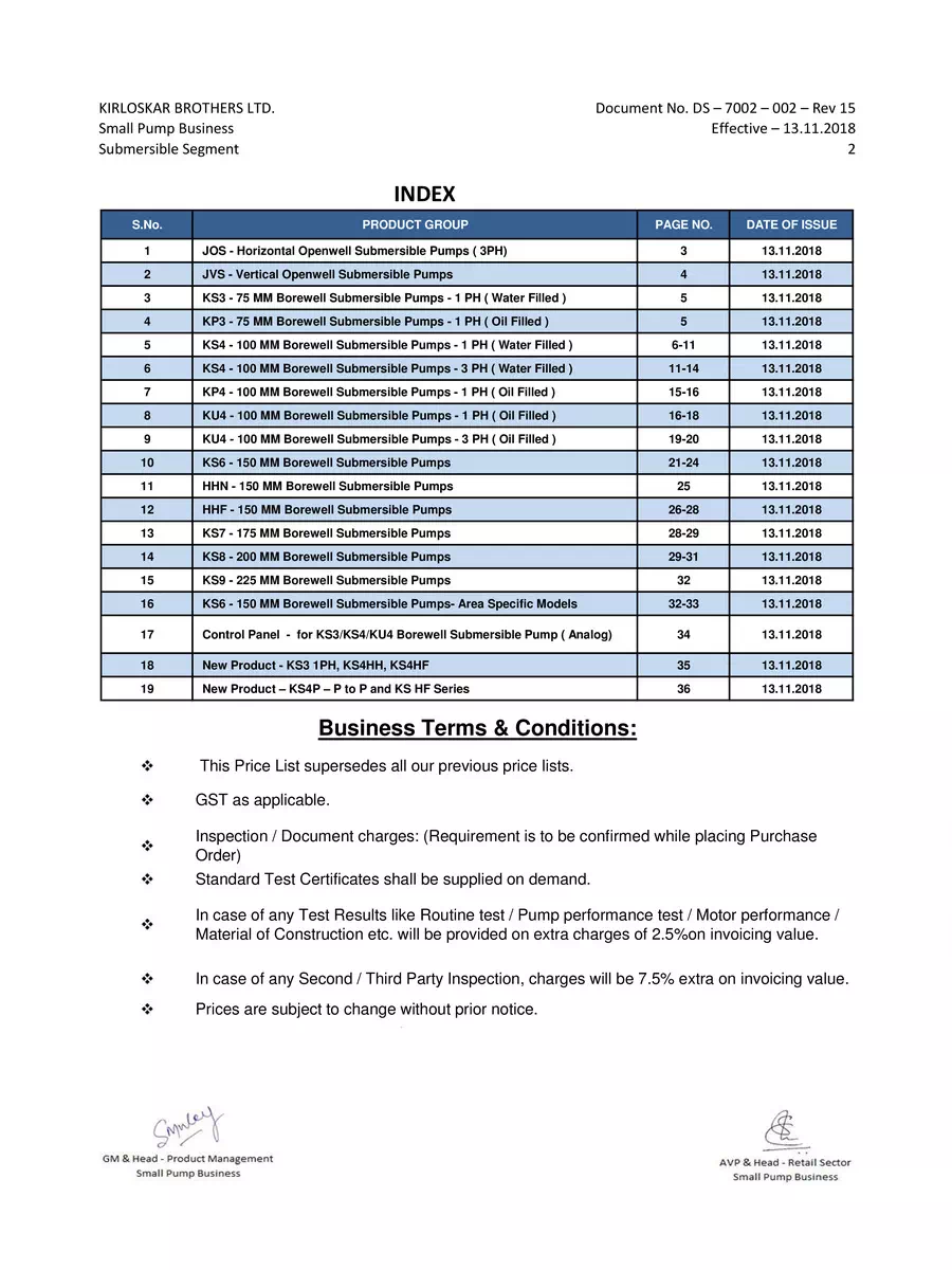 2nd Page of Kirloskar Submersible Pump Price List 2024 PDF