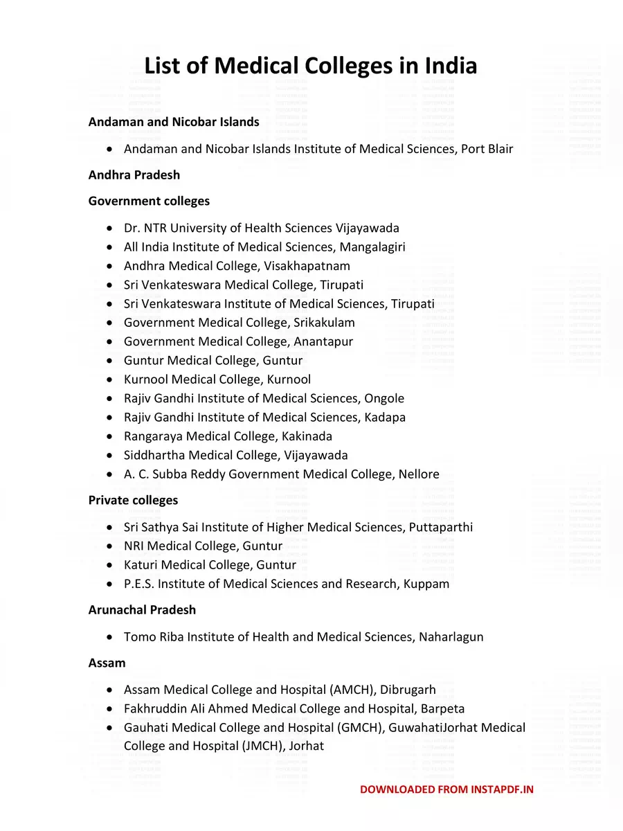 2nd Page of List of Government Medical Colleges in India PDF