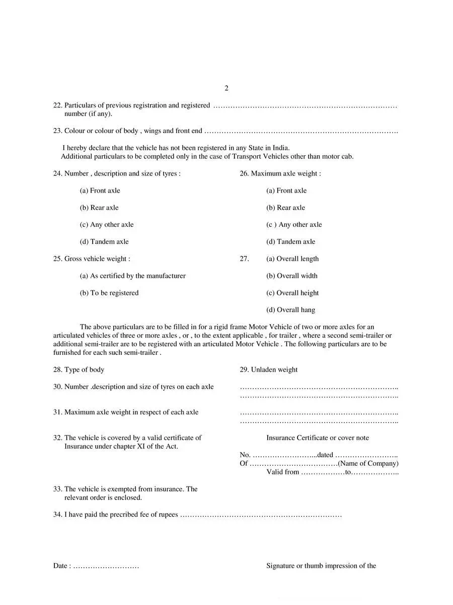 2nd Page of Form 20 Motor Vehicle Registration PDF