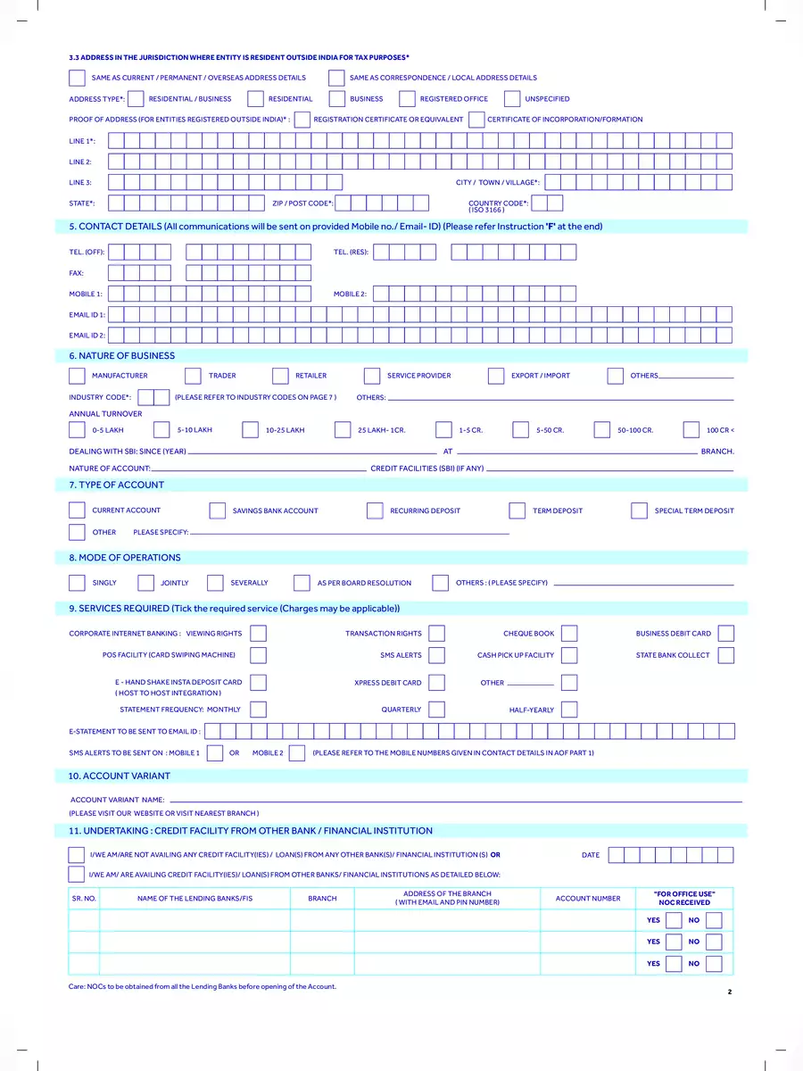 2nd Page of SBI Current Account Opening Form PDF