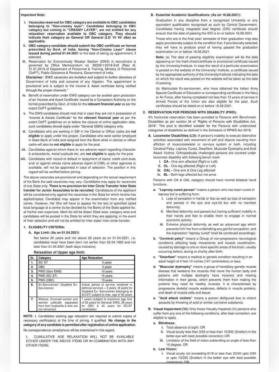 2nd Page of SBI JA Notification 2021 PDF