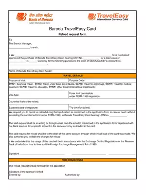 Bank of Baroda Travel Easy Card Form