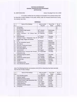 Haryana Government Holidays List 2021 PDF