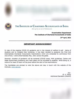 ICAI Exam May 2021 Postponed Notice