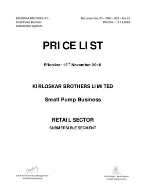 Kirloskar Submersible Pump Price List 2024