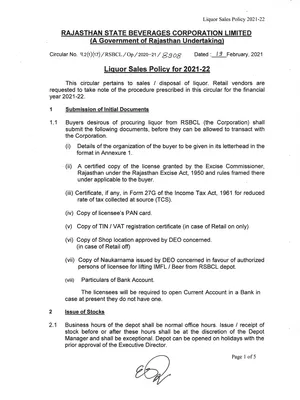 Rajasthan Liquor Sales Policy 2021-22 PDF