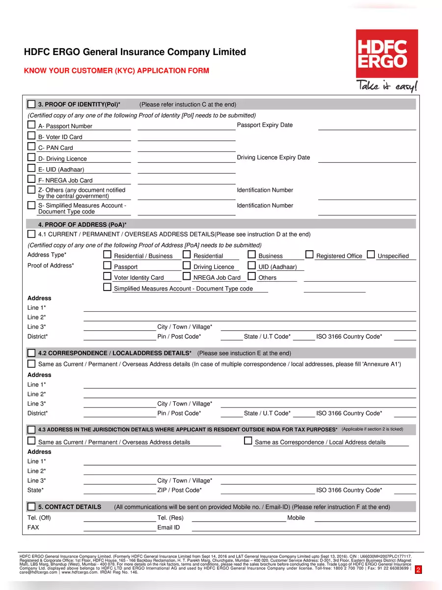 2nd Page of HDFC ERGO KYC Form PDF