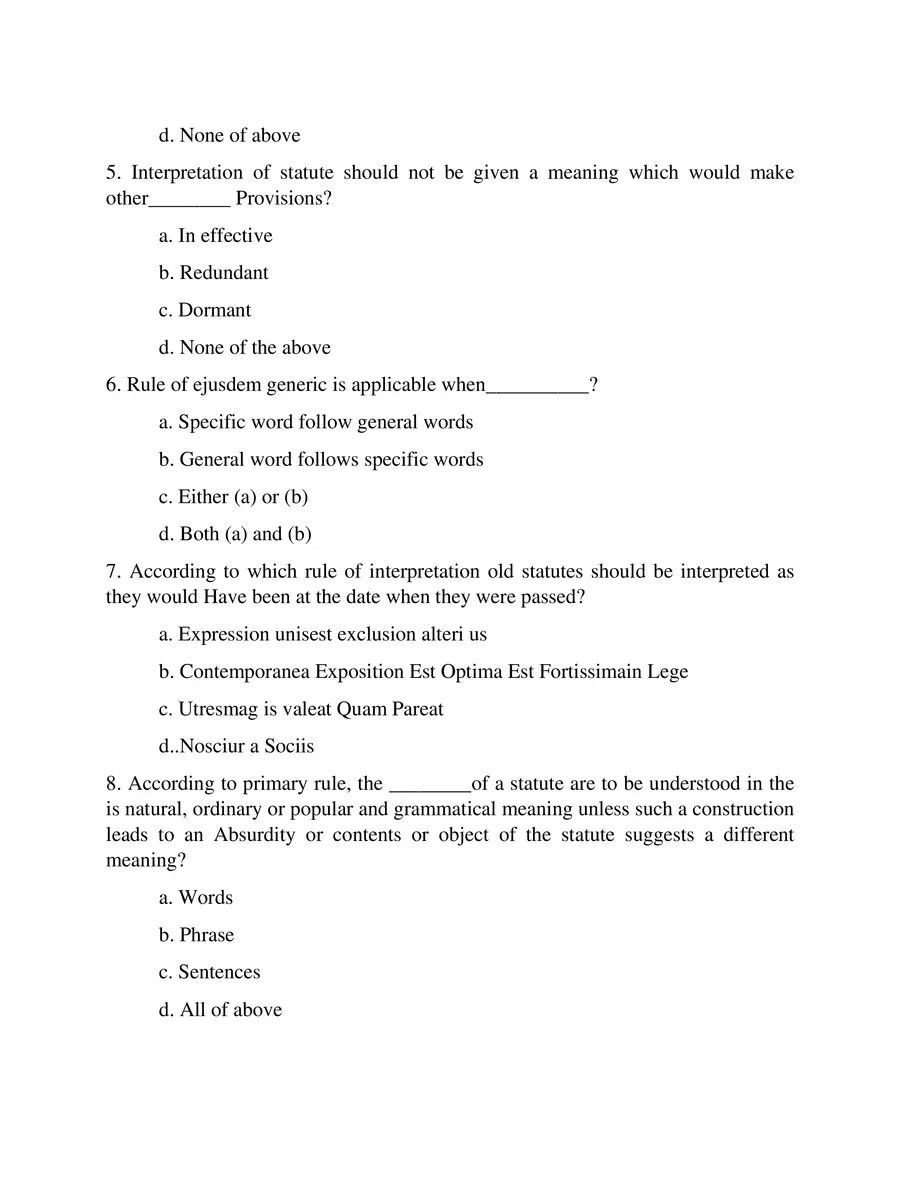 2nd Page of Interpretation of Statutes MCQ PDF