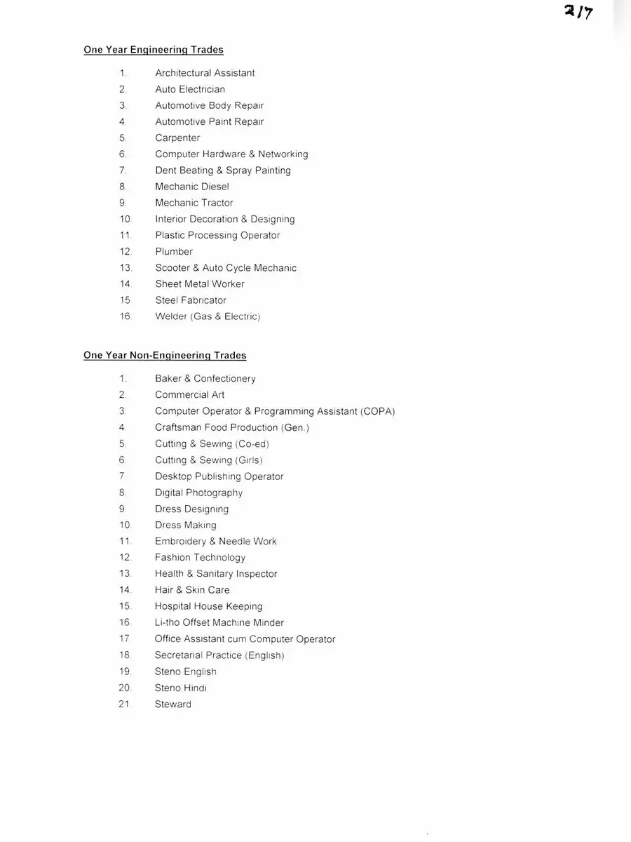 2nd Page of ITI Courses List PDF
