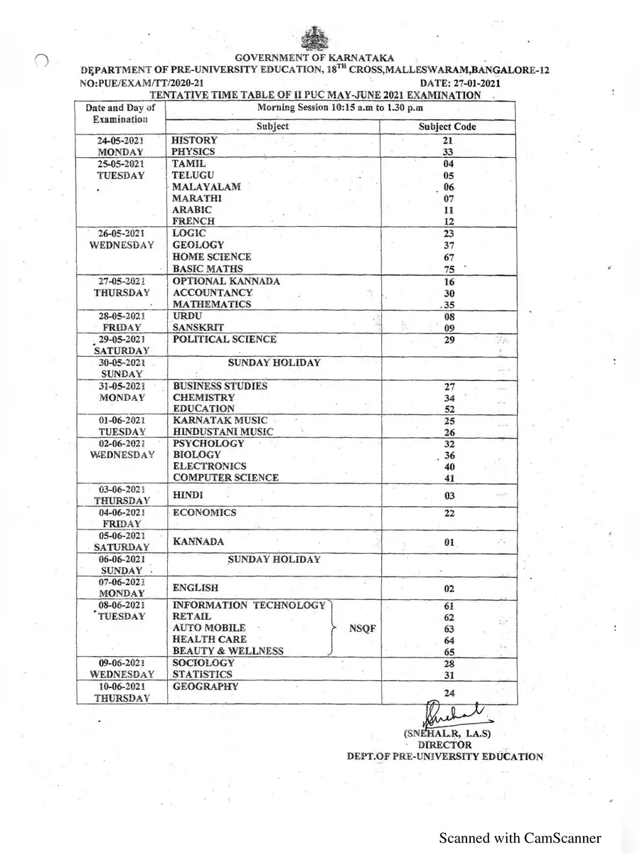 2nd Page of Karnataka 2nd PUC Time Table 2021 PDF