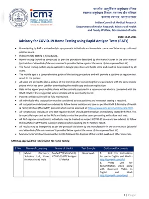 ICMR COVID-19 Home Testing Guidelines/Advisory PDF