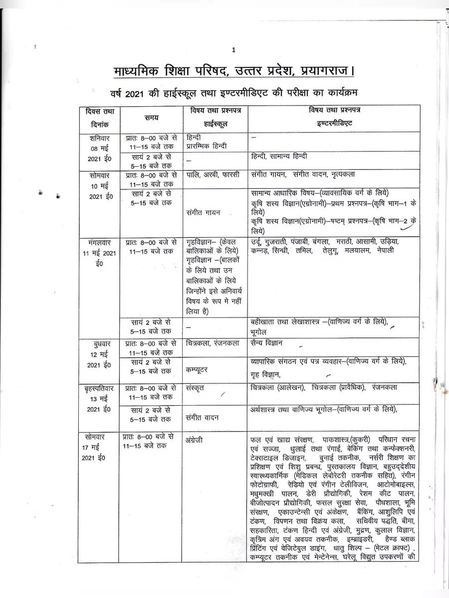 2nd Page of UP Board Revised Time Table 2021 Class 10th PDF