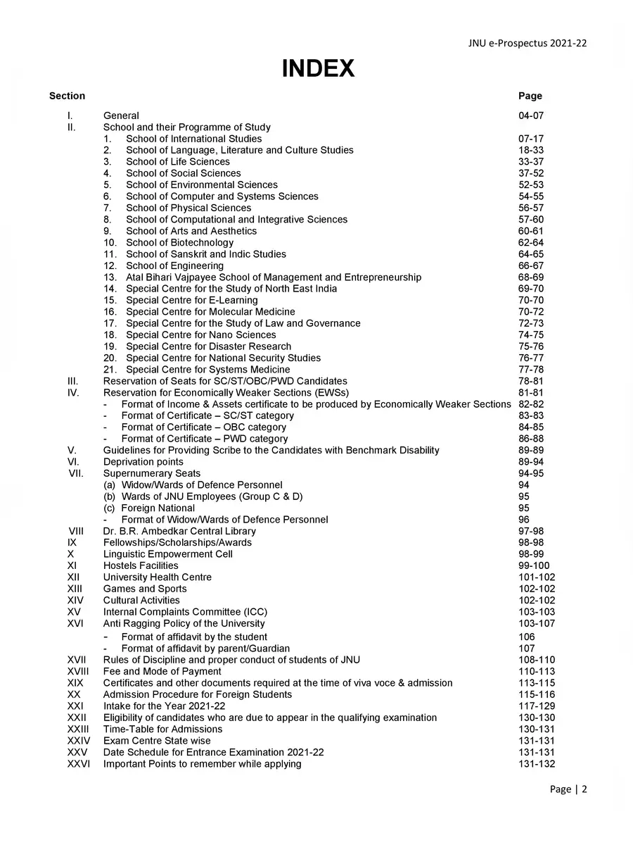 2nd Page of JNU Prospectus 2021-22 PDF