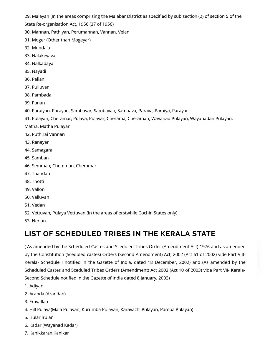 2nd Page of Kerala Castes List PDF