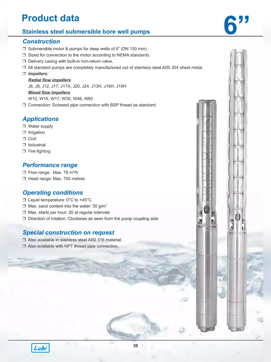 2nd Page of Lubi Submersible Pumps Catalogue PDF