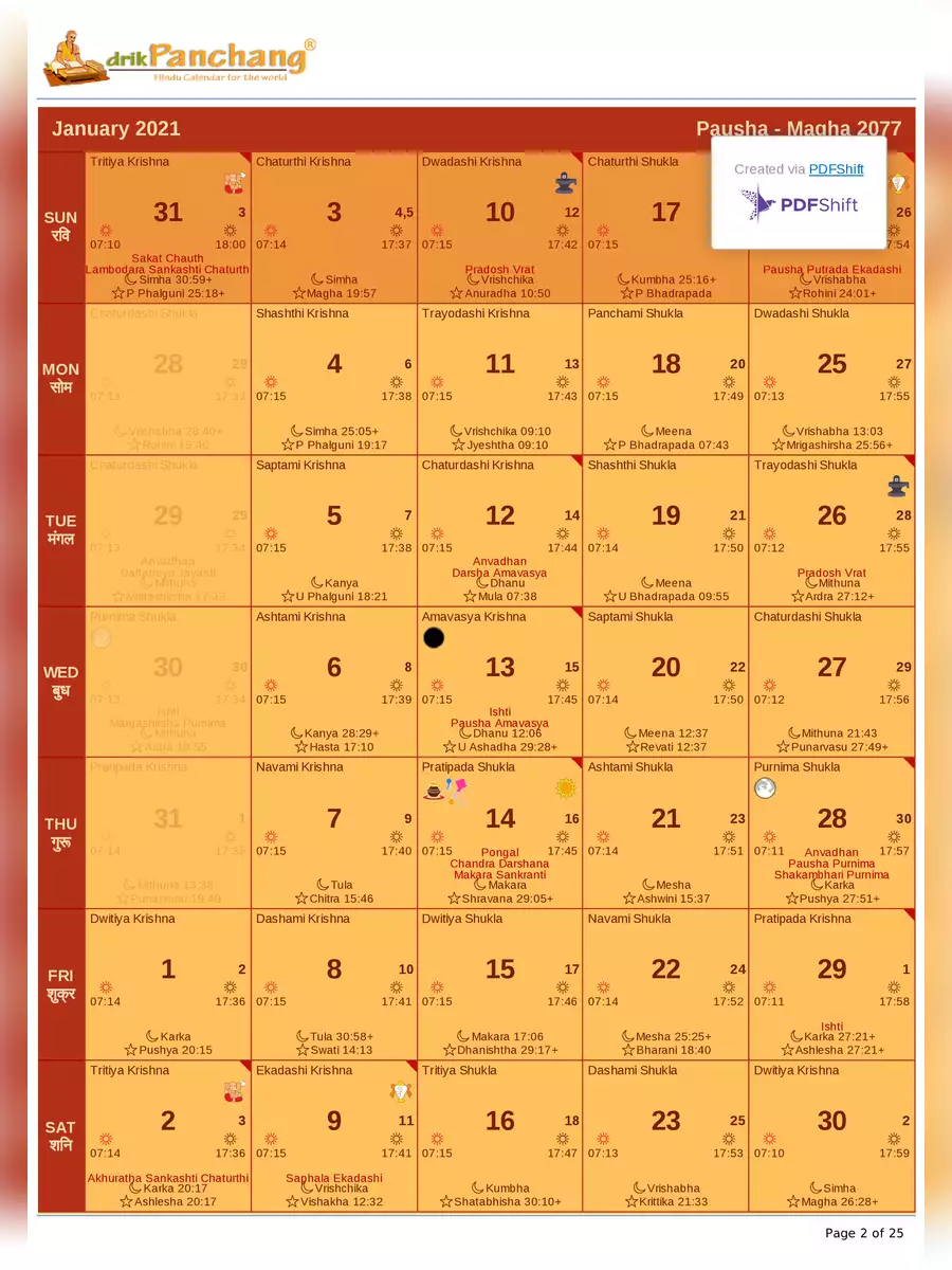 2nd Page of हिन्दू पंचांग कैलंडर – Panchang Hindu Calendar 2021 PDF