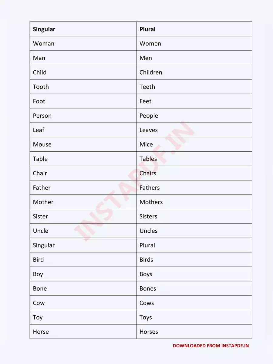 2nd Page of Singular and Plural Words List PDF