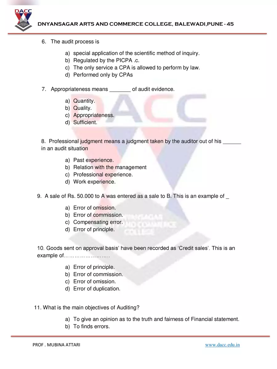 2nd Page of Audit and Taxation TYBCOM MCQ PDF