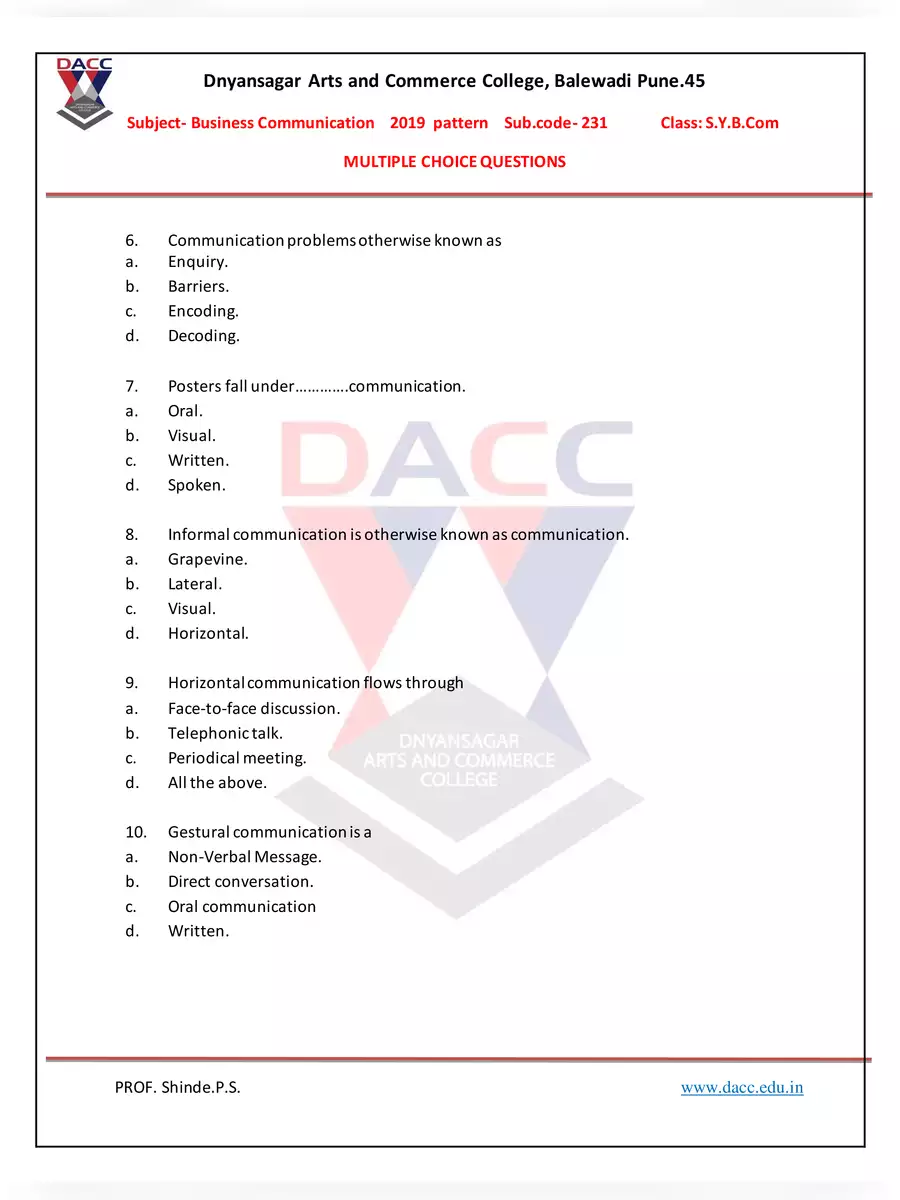 2nd Page of Business Communication and Management MCQ PDF