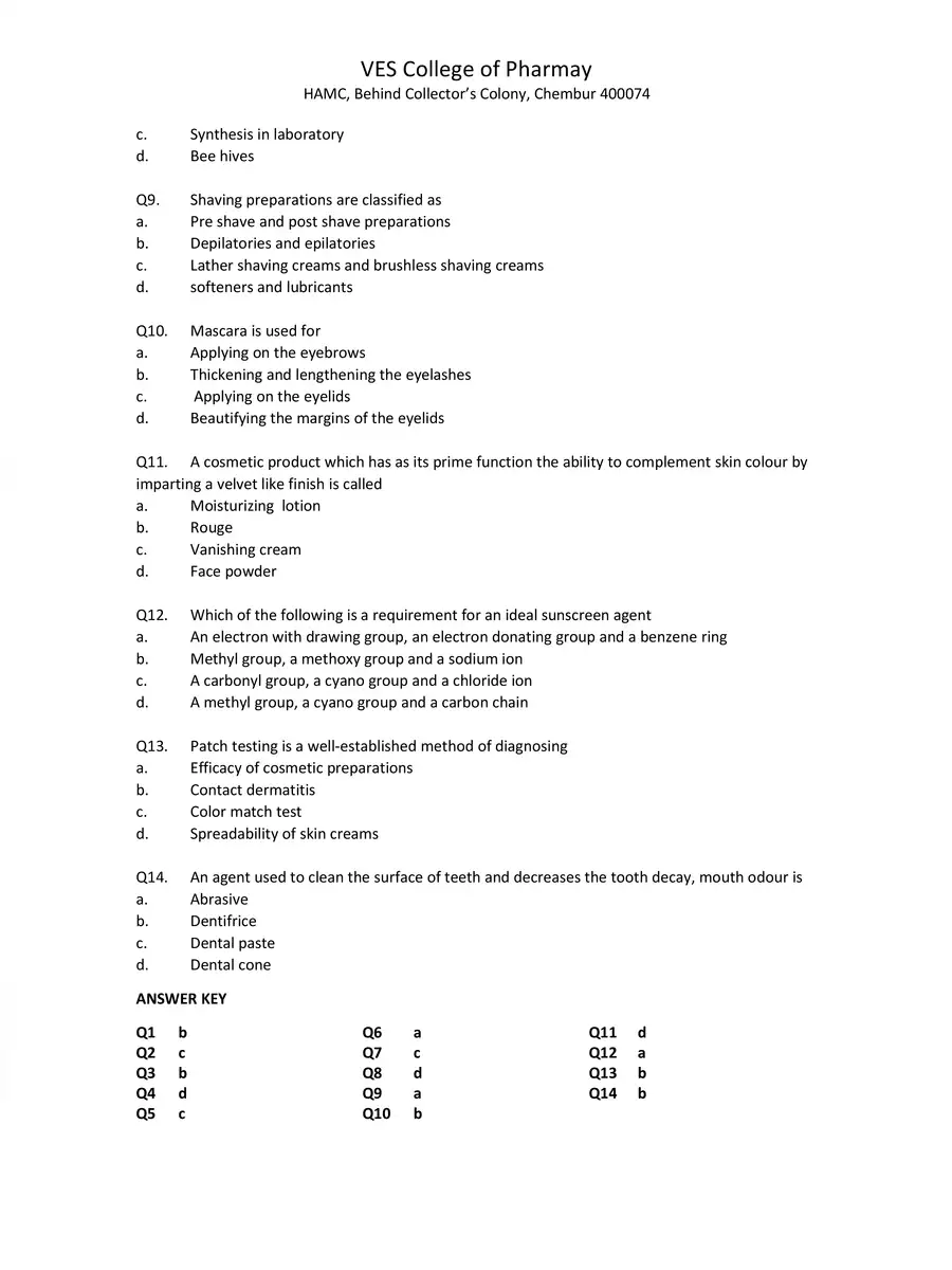 2nd Page of Cosmetic Science MCQ PDF