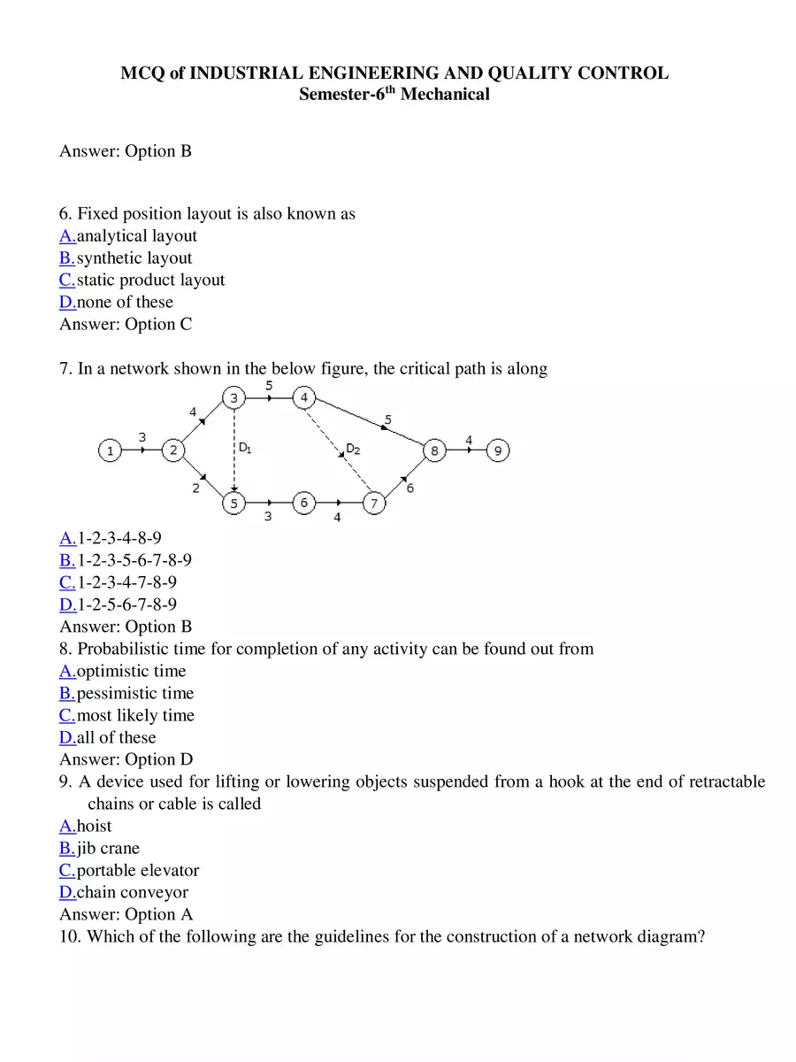 2nd Page of Industrial Engineering and Quality Control MCQ with Answers PDF