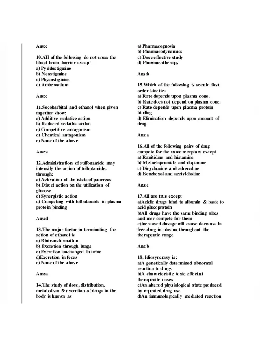 2nd Page of Pharmacology and Toxicology MCQs with Answers PDF