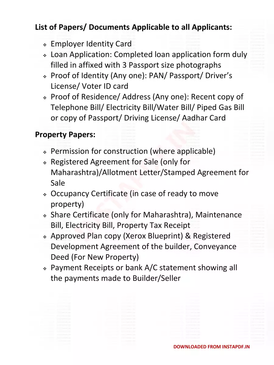2nd Page of SBI Home Loan Documents List 2024 PDF