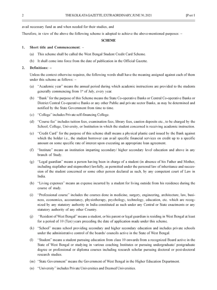 2nd Page of Student Credit Card Scheme Guidelines West Bengal PDF