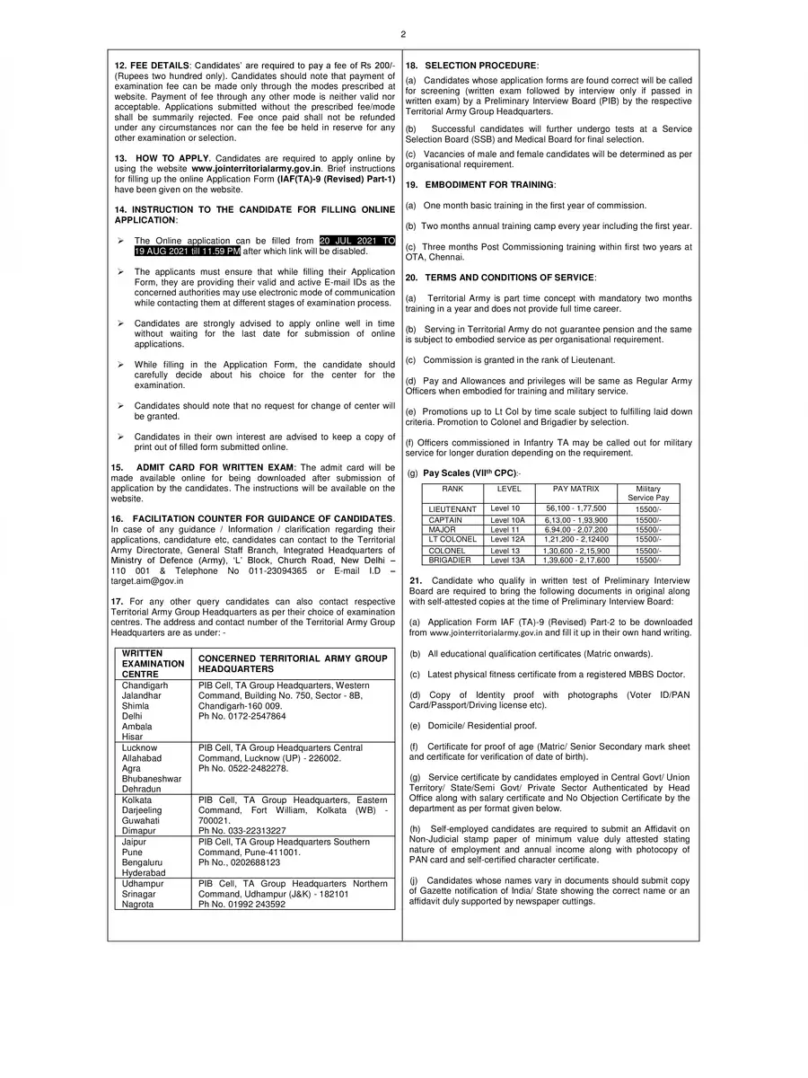 2nd Page of Territorial Army Recruitment Notification 2021 PDF