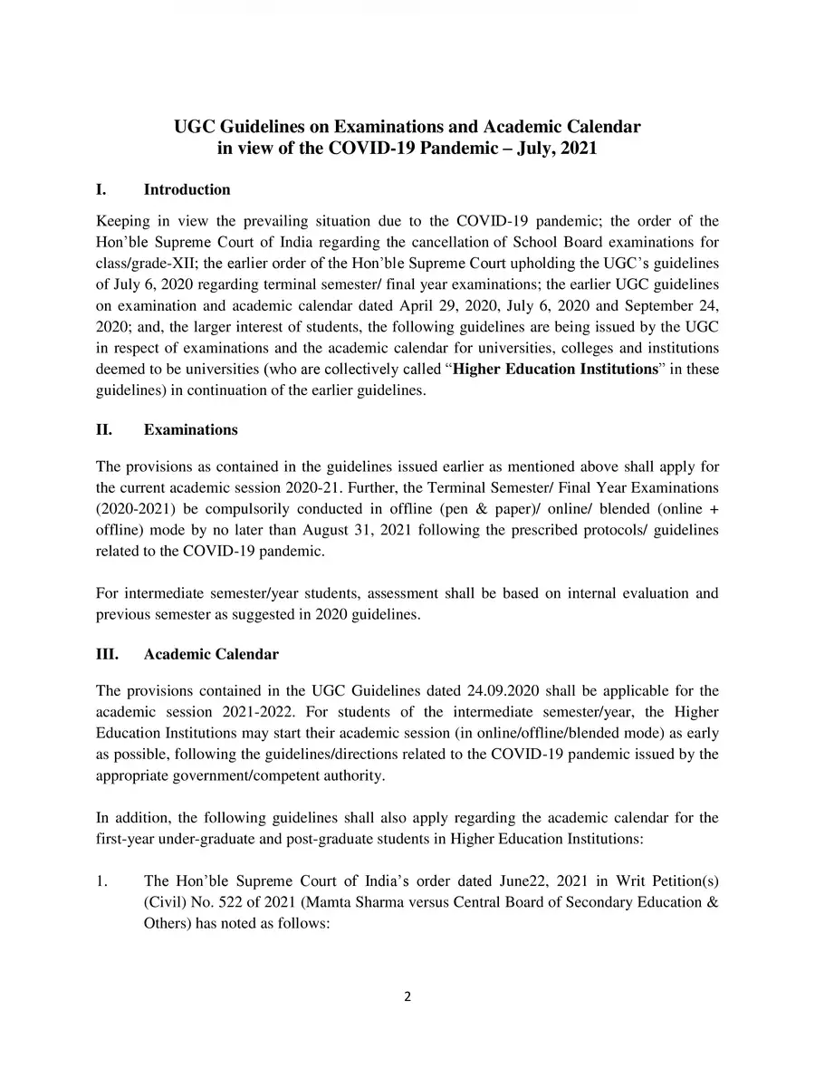 2nd Page of UGC Guidelines on Examinations & Academic Calendar July 2021 PDF