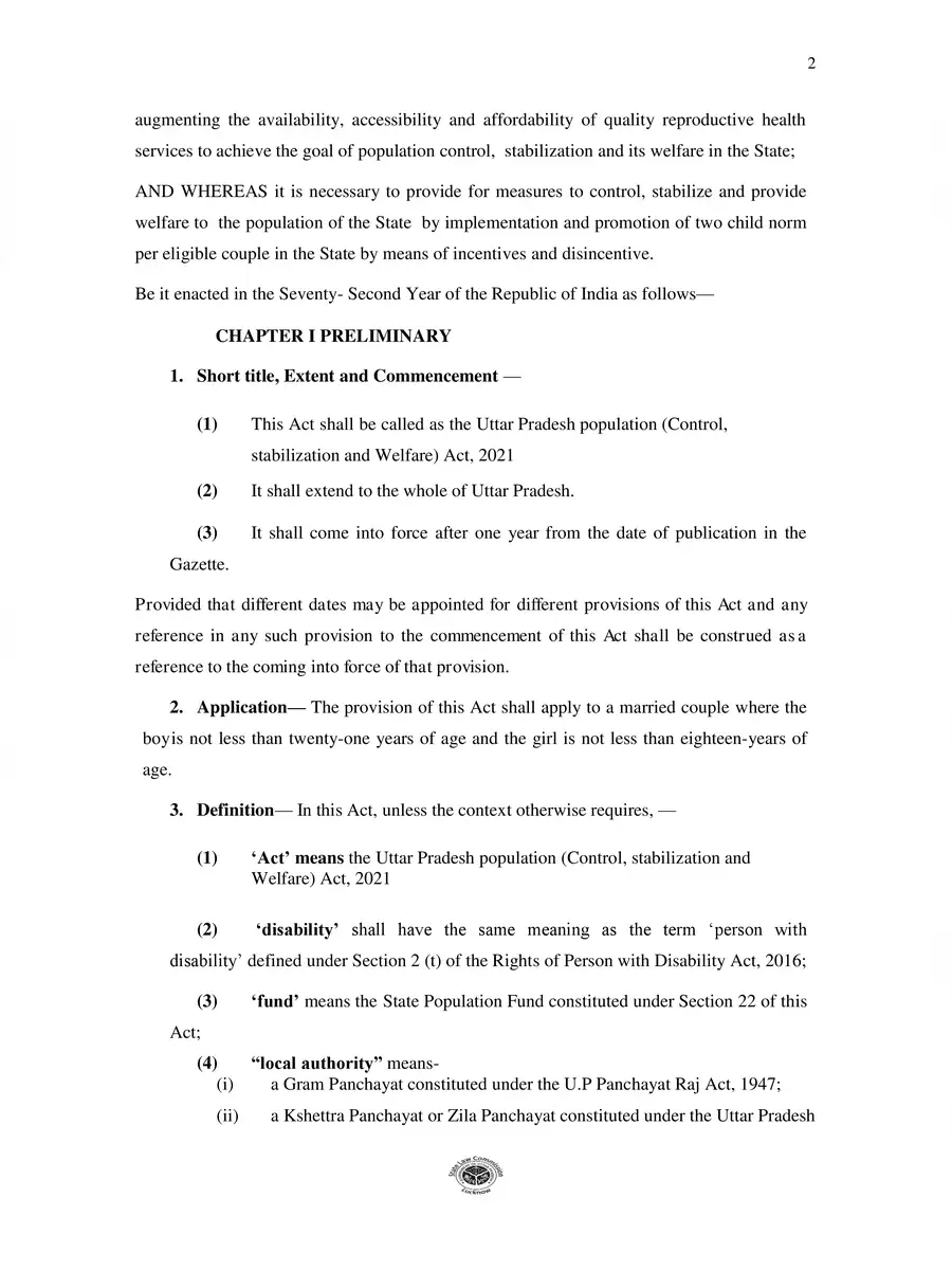 2nd Page of UP Population Control Bill (2 Child Policy) 2021 Draft PDF
