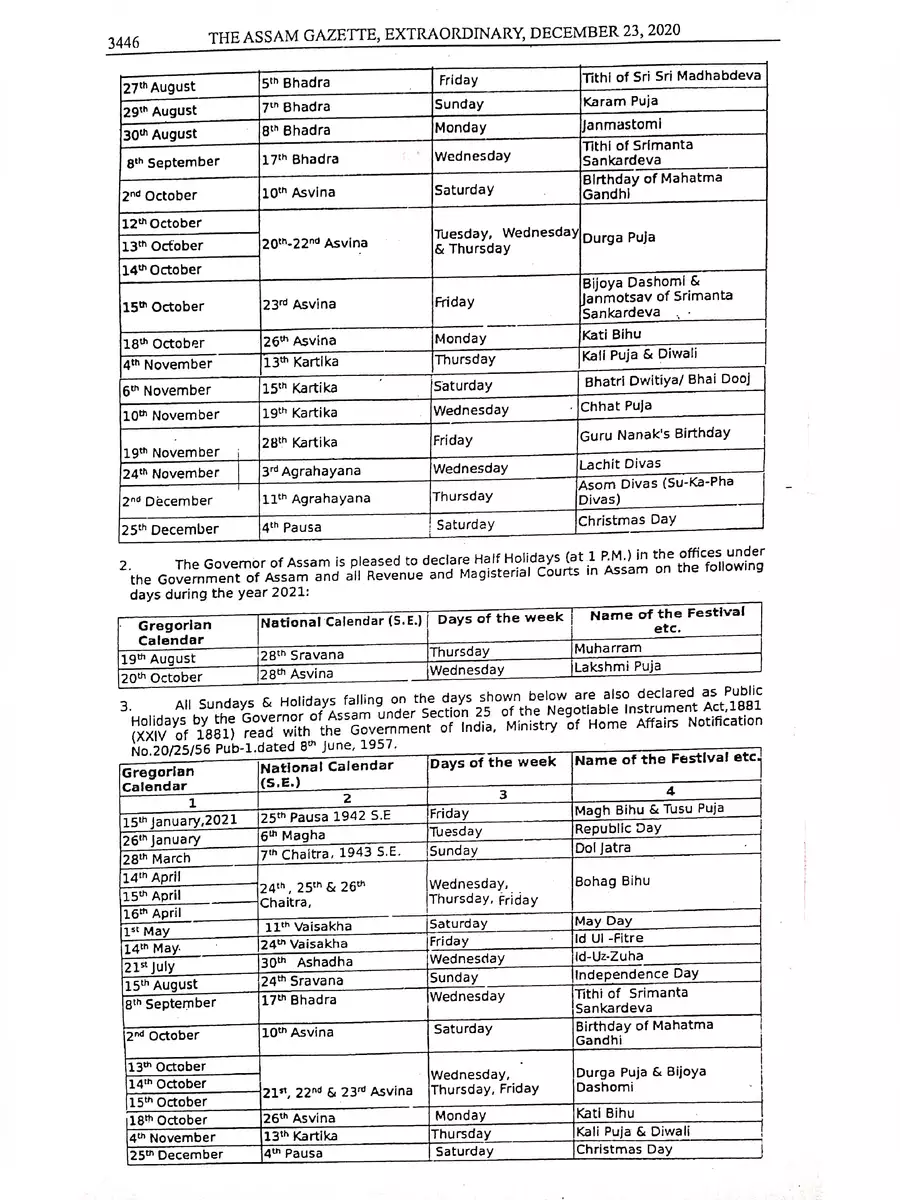2nd Page of Assam Government Holidays List 2021 PDF