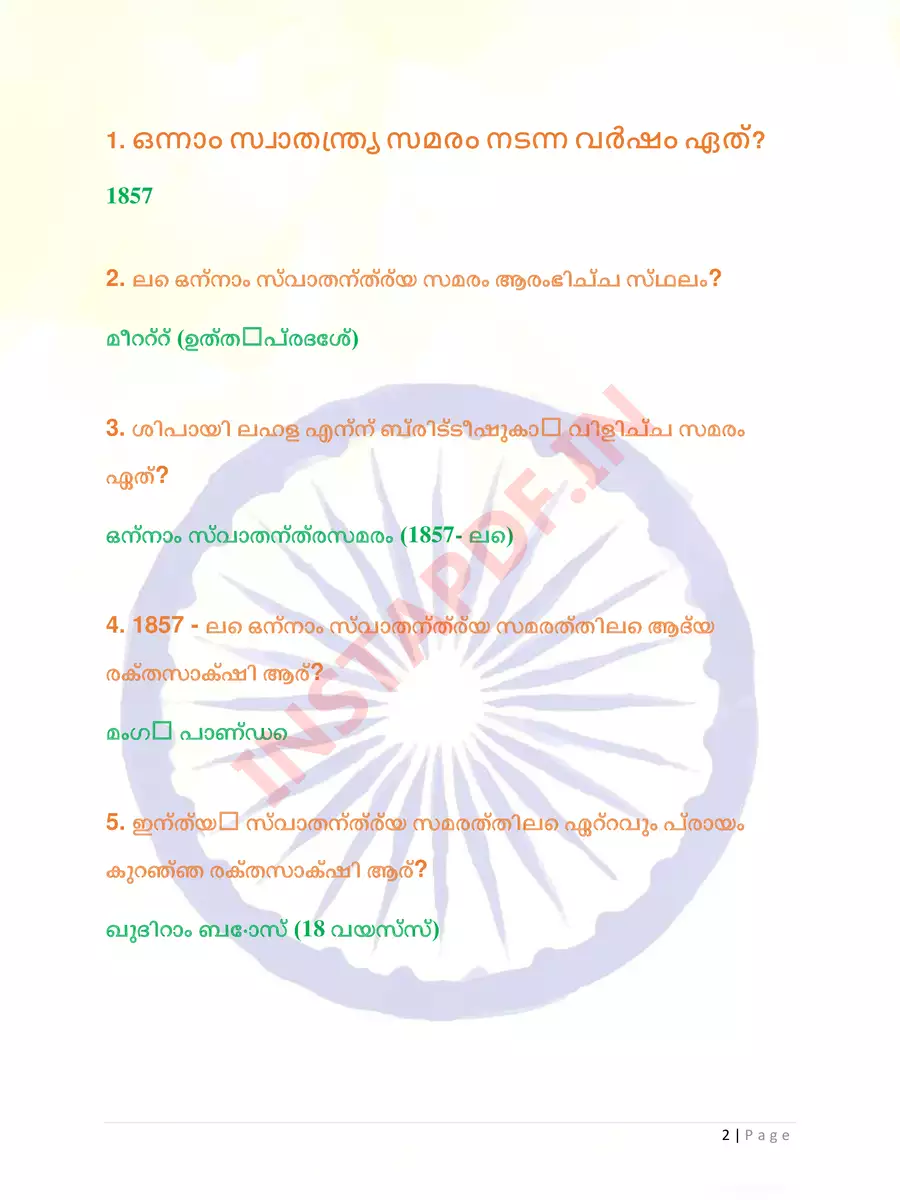 2nd Page of Independence Day Quiz Malayalam PDF