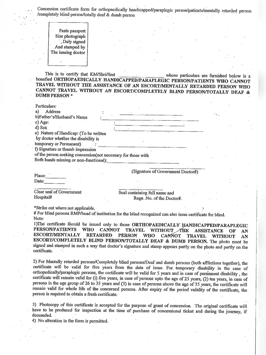 2nd Page of Railway Concession Form for Physically Handicapped PDF