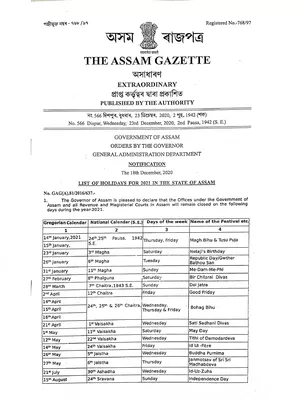 Assam Government Holidays List 2021 PDF
