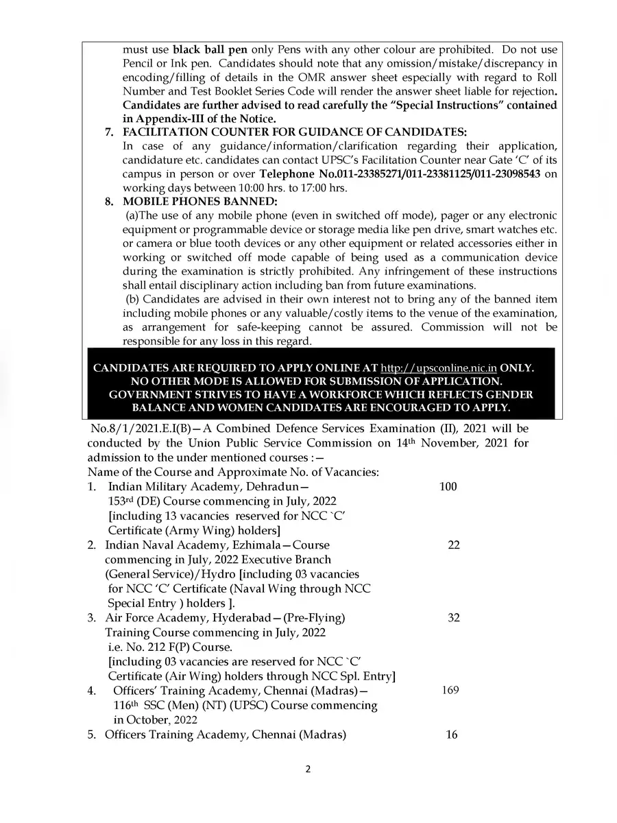 2nd Page of UPSC CDS 2 Recruitment Notification 2021 PDF