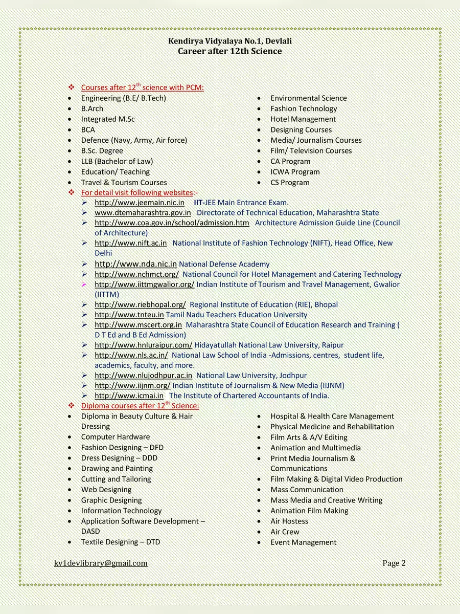 2nd Page of List of Course After 12th Science PDF