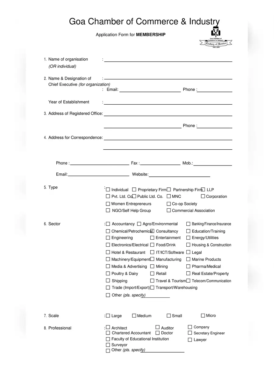 2nd Page of Goa GCCI Membership Form PDF