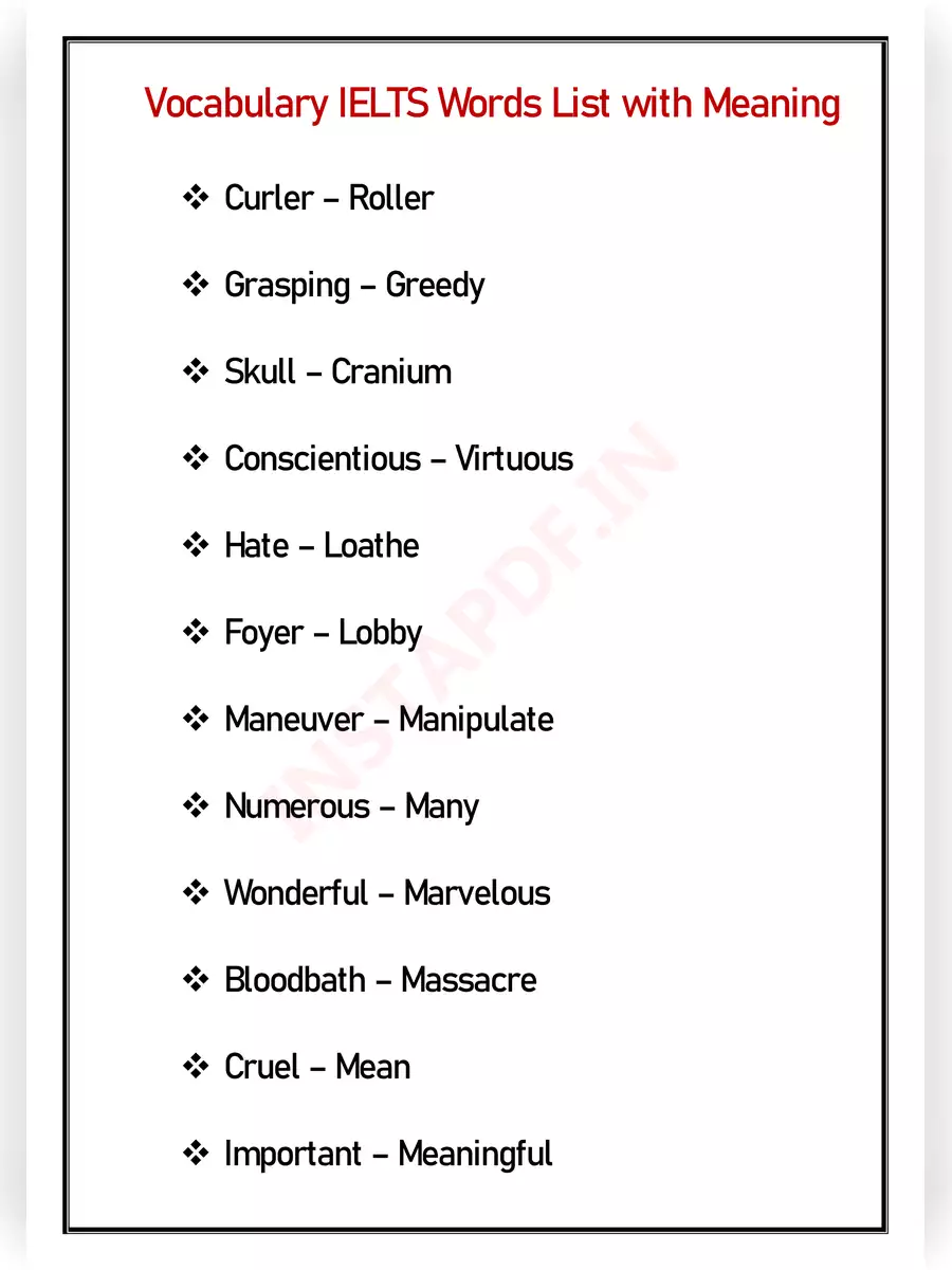 2nd Page of IELTS Vocabulary List PDF