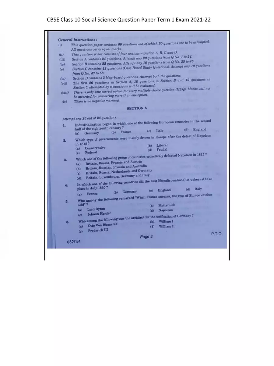 2nd Page of CBSE Class 10 Social Science Question Paper 2021 PDF