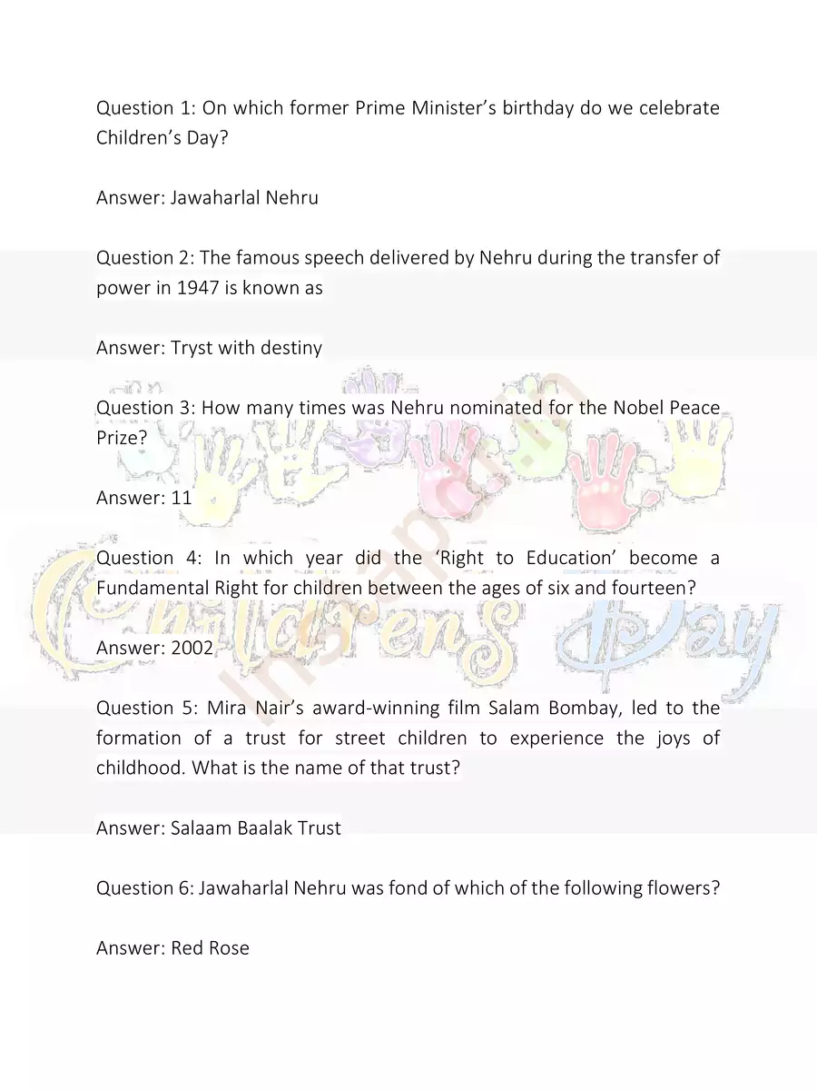 2nd Page of Children’s Day Quiz Questions and Answers PDF