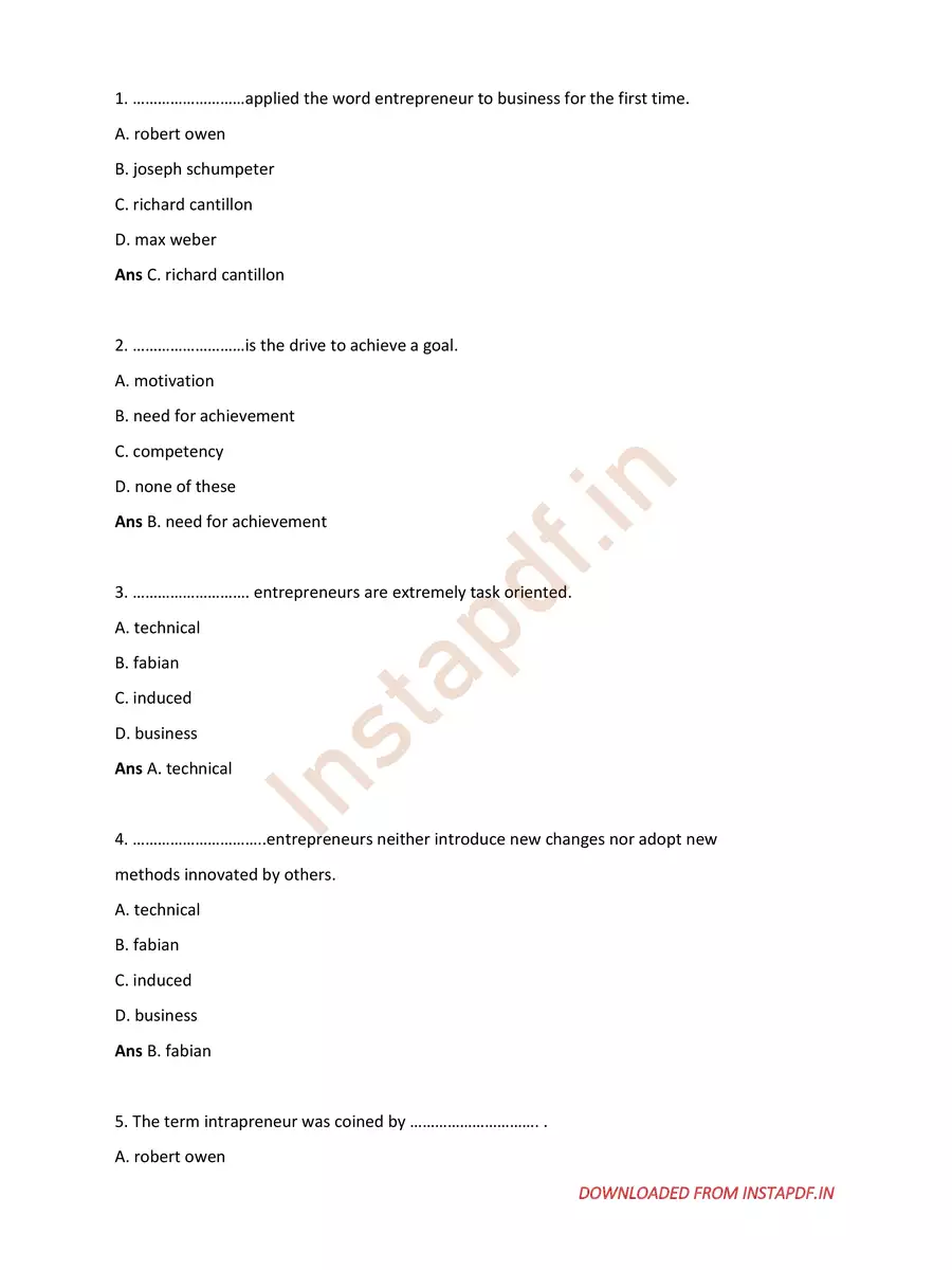 2nd Page of Entrepreneurship Development MCQ Questions and Answers PDF