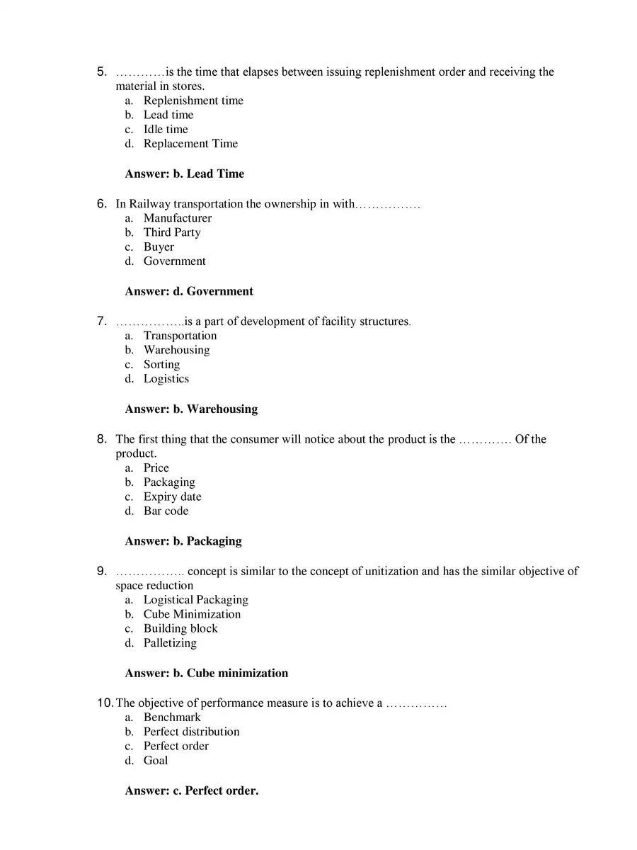 2nd Page of Logistics and Supply Chain Management MCQ PDF