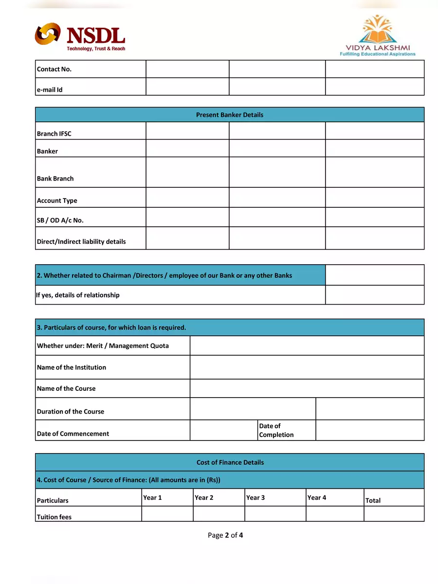 2nd Page of Vidyalaxmi Loan Application Form PDF